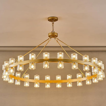 48 Inch Gold Wagon Wheel Chandelier with Crystal Shade, 48 Lights, Modern Farmhouse Style, Ideal for Dining Room, Kitchen, Entryways