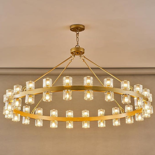 48 Inch Gold Wagon Wheel Chandelier with Crystal Shade, 48 Lights, Modern Farmhouse Style, Ideal for Dining Room, Kitchen, Entryways