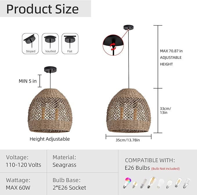 2-Light Rattan Pendant Light, 13.78" Handwoven Boho Pendant Light, Rattan Wicker Hanging Ceiling Lighting Chandelier for Kitchen Island Restaurant Bedroom Living Room