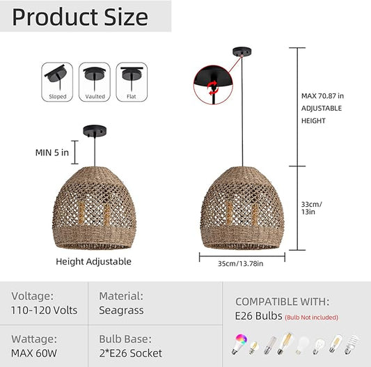 2-Light Rattan Pendant Light, 13.78" Handwoven Boho Pendant Light, Rattan Wicker Hanging Ceiling Lighting Chandelier for Kitchen Island Restaurant Bedroom Living Room