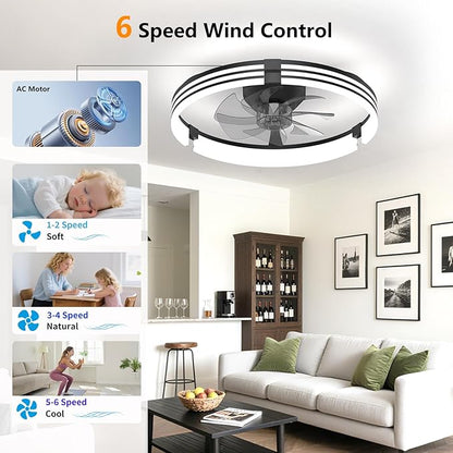 Ceiling Fans with Lights and Remote, 19.7" Black Low Profile Ceiling Fan, Modern Flush Mount LED Fan Light, 6 Wind Speeds Fandelier Ceiling Fan with Light for Bedroom, 3000-6500K Dimmable