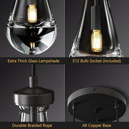 Raindrop Pendant Light Kithcen Island, Raindrop Chandelier Black Teardrop Pendant Lights with Adjustable Hanging Rope,Glass Pendant Light for Dining Room,Corridor (3-Light),Bulb Included