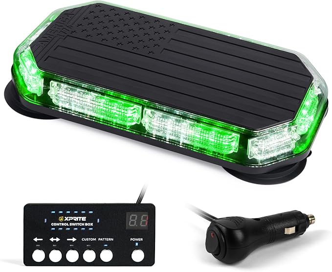 Xprite White Green Rooftop Emergency Strobe Light Bar, US Flag Beacon Safety Flashing Warnin Lights w/Control Panel Magnetic Base for Construction Trucks Plows Postal Security Cars