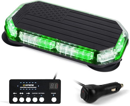 Xprite White Green Rooftop Emergency Strobe Light Bar, US Flag Beacon Safety Flashing Warnin Lights w/Control Panel Magnetic Base for Construction Trucks Plows Postal Security Cars