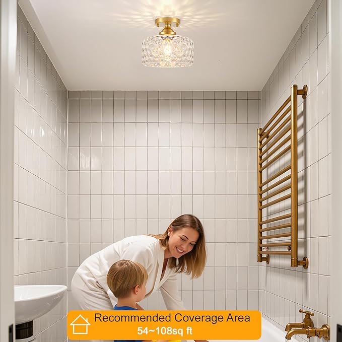 Daunton Small Semi Flush Mount Ceiling Light Fixture, Vintage Gold Close to Ceiling Lighting with Hammered Glass Shade for Hallway, Kitchen, Entryway (Retro Design, Easy Install)