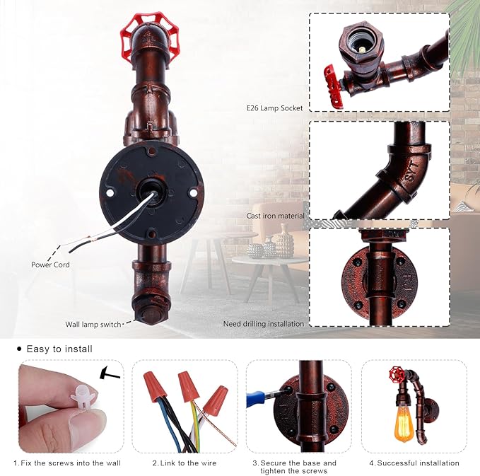 XEYOU Retro Wall lamp Vintage Industrial Steampunk Wall Sconce with Switch Metal Water Pipe Wall Mounted Light Fixture E26 Edison Bulb for Cafe Bar Restaurant Bedroom Livingroom