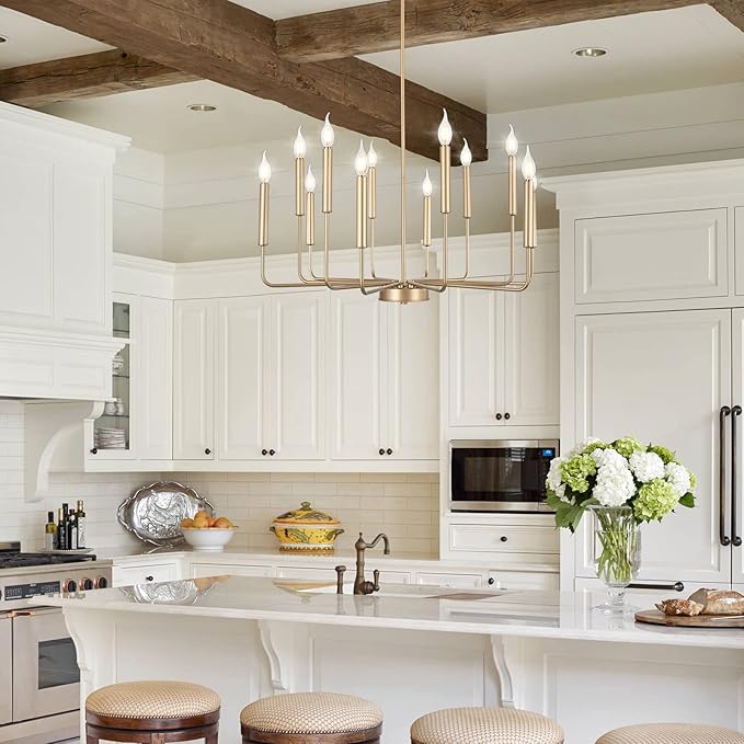 WOKNOS Modern Gold Farmhouse Chandeliers, 12-Light Industrial Metal Chandelier Lighting, Classic Candle Hanging Pendant Light Fixtures for Kitchen, Dining Room, Living Room, Entryway