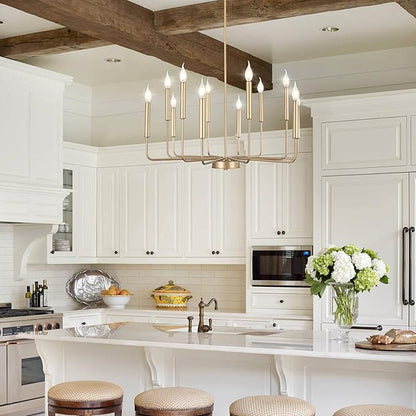 WOKNOS Modern Gold Farmhouse Chandeliers, 12-Light Industrial Metal Chandelier Lighting, Classic Candle Hanging Pendant Light Fixtures for Kitchen, Dining Room, Living Room, Entryway