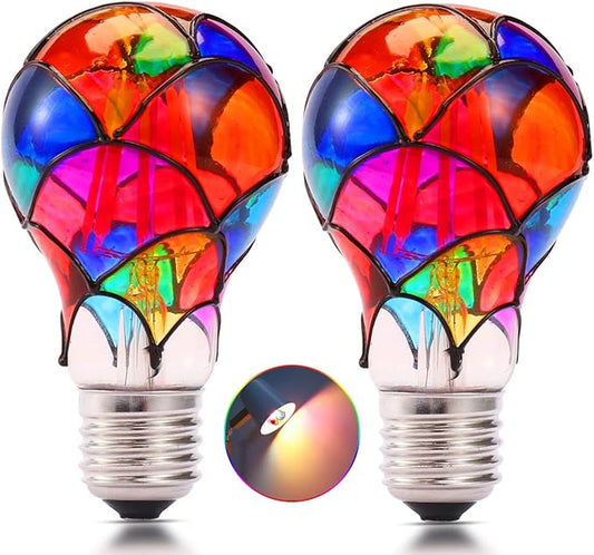 I-SHUNFA Non-Dimmable Edison Stained Glass LED Light Bulb, E26 Base A19/A60 LED Light Bulbs for Home Party,Recreation Room,Balcony,Garden,Christmas Decoration 2 Pack