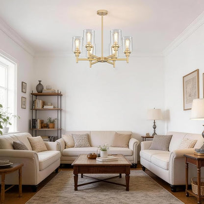 6 Light Gold Chandelier, Farmhouse Chandeliers for Dining Room Light Fixtures Over Table, Hanging Lighting Fixture with Clear Glass Shade for Kitchen Island Living Room Bedroom
