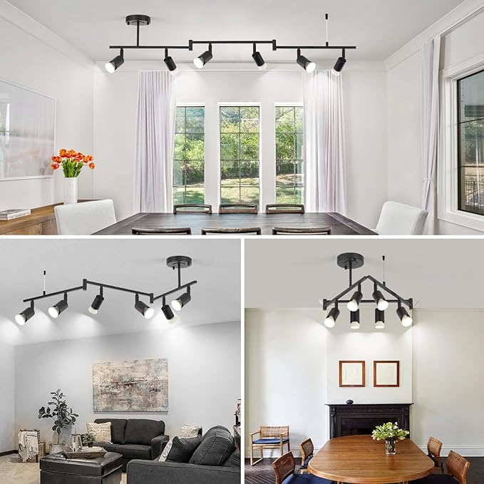 6-Light Black Track Lighting Fixtures Ceiling, Flexible Foldable Arm and Rotatable Light Head,Modern LED Track Lighting for Kitchen Islands, Dining Rooms(GU10 Socket, Bulbs Not Included)