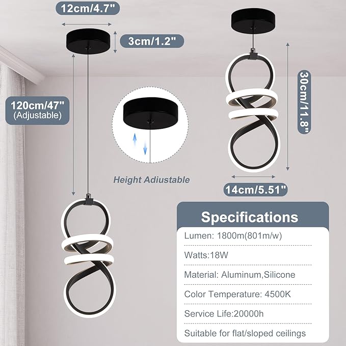 EIDISUNY Modern Led Pendant Light Fixture, 15W Black Spiral Pendant Light Kitchen Island, 4500K Daylight White Pendant Lamp, Adjustable Height Chandelier for Kitchen Dining Room Bedroom (3 Packs)