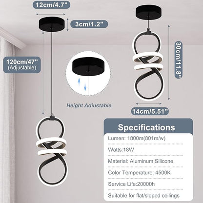 EIDISUNY Modern Led Pendant Light Fixture, 15W Black Spiral Pendant Light Kitchen Island, 4500K Daylight White Pendant Lamp, Adjustable Height Chandelier for Kitchen Dining Room Bedroom (3 Packs)