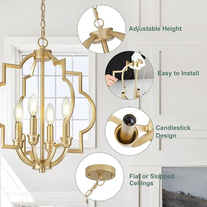 4-Light Small Gold Chandelier, 15.6 inch Farmhouse Light Fixtures for Dining Room, Champagne Gold Pendant Light for Entryway Foyer Kitchen Island