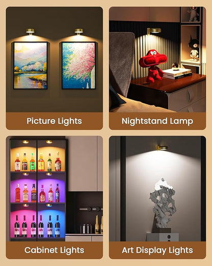 Picture Lights for Wall,Wireless 2000mAh Rechargeable Magnetic LED Puck Lights with Remote,3 Color Temps and 12 RGB,Dimming & Timer,Art Frame Light for Painting Display,Photos,Wall Decor(6 Pack)