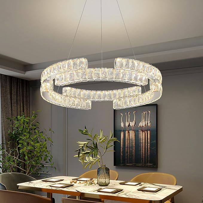 D16'' Modern Crystal Ring Chandeliers for Living Room Dinning Room Crystal Pendant Light Dimmable 3000k-6000k