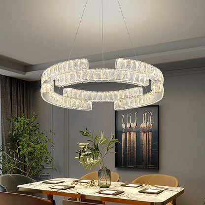 D16'' Modern Crystal Ring Chandeliers for Living Room Dinning Room Crystal Pendant Light Dimmable 3000k-6000k