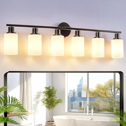 DLLT 6-Light Bathroom Light Fixtures: Black Modern Vanity Lights with E26 Bulbs - Milky White Glass Shade Bathroom Wall Lamp for Mirror Kitchen Living Room Hallway Cabinet Porch