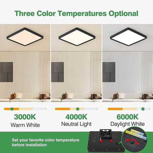 12 Inch 6PK Square LED Flush Mount Ceiling Light, 24W, 2500LM, 3000K/4000K/6000K CCT Selectable, LED Flat Panel Low Profile Ceiling Light Fitures for Hallway, Kitchen, Bedroom, Laundry Room