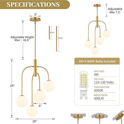 LamQee 4 Lights Mid Century Modern Chandelier, Milk Glass Globe Chandelier Light Fixture with Gold Metal & White Ball, Large Pendant Lighting Ceiling Hanging for Dining Room Kitchen Island Entryway