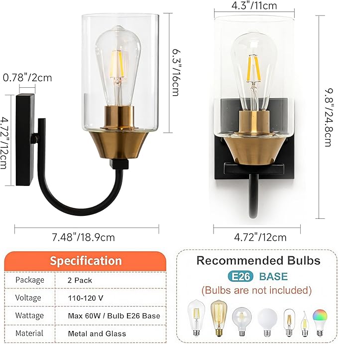 Bathroom Wall Sconces Set of 2,Black and Gold Farmhouse Lantern Sconces Set of 2,Side Light for Wall,Modern Hallway Wall Light(2 Pack) No Bulbs