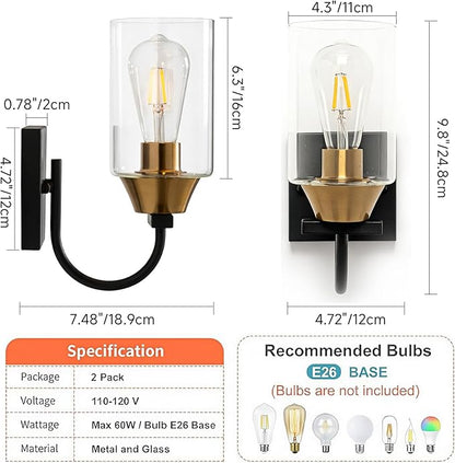 Bathroom Wall Sconces Set of 2,Black and Gold Farmhouse Lantern Sconces Set of 2,Side Light for Wall,Modern Hallway Wall Light(2 Pack) No Bulbs