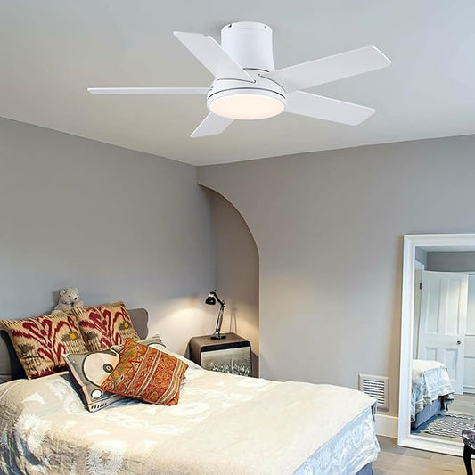 42 Inch Ceiling Fans with Lights and Remote, Flush Mount White Ceiling Fan for Bedroom Living Room Indoor/Outdoor, Quiet 6 Speed Reversible DC Motor, 3CCT, Dual Color 5 Blades, ETL Listed