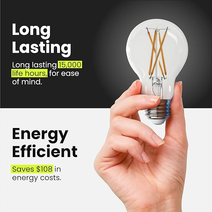 Feit Electric A19 LED Light Bulbs, 60W Equivalent, 810 Lumens, 3000K Bright White, High CRI 90+, Dimmable, Filament Style, Energy Saving, 17,000-Hour Lifetime, A1960CL930CA/FIL/4, 4-Pack