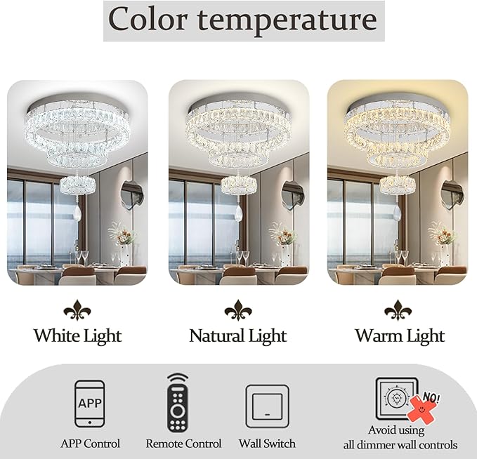 Flashing God Modern Crystal Chandelier Bedroom Chandeliers Flush Mount Ceiling Chandelier Light Fixture for Dining Room Entrance LED Dimmable Silver Ring Chandeliers