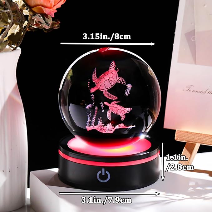 YWHL 3D Sea Turtles Crystal Ball Figurine with LED Base, Laser Sea Turtle Gifts for Women Men on Birthday Christmas, Glass Decorative Turtle Statue Ball Night Light for Home Decor (80mm)