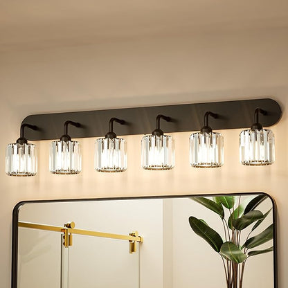 Keonjinn 6-Light Bathroom Light Fixtures, Crystal Black Bathroom Vanity Lights Over Mirror, Vanity Lighting Fixtures with Crystal Square Shades (E26 Socket, Exclude Bulb)