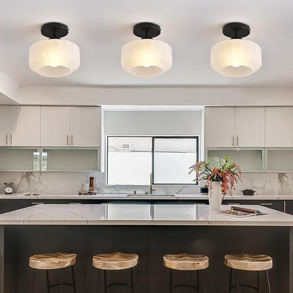 Industrial Black Matte Light Fixtures Ceiling Mount, with Frosted Glass Shades Semi Flush Mount Ceiling Light, for Hallway Fixtures Kitchen, Foyer