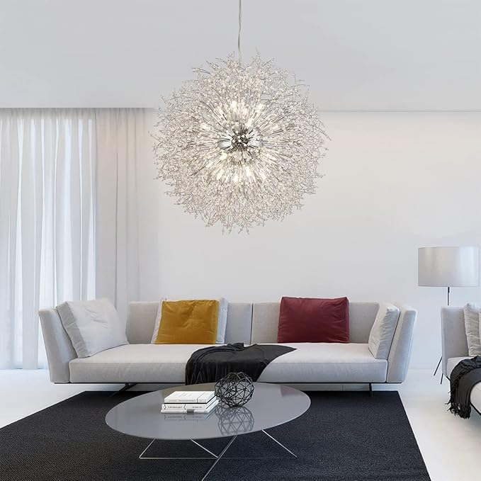 Modern Crystal Chandelier, 24-Light Firework Pendant Crystal Chandelier Chrome, 39.3" Large Dandelion Ceiling Light Fixture for Living Room Foyer Hallway