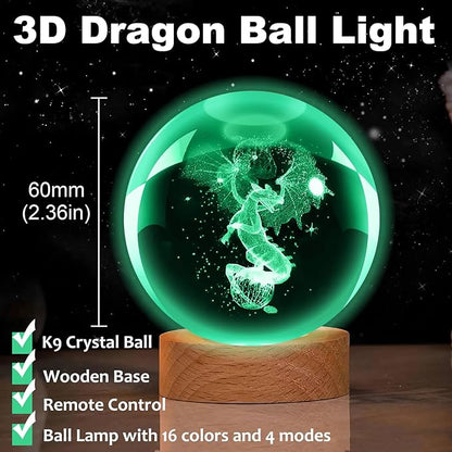 3D Dragon Crystal Ball Night Light, 60mm 16 Colors with Wooden Base and Remote Control, Dragon Gift