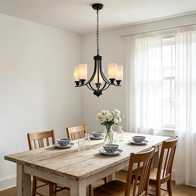 MELUCEE 5 Lights Chandeliers for Dining Room Traditional Chandelier Classic Black Pendant Light with Milky White Glass Shade, Mid Century Modern Chandelier for Kitchen Foyer Bedroom