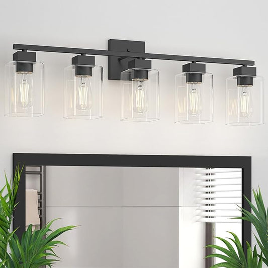 5 Light Bathroom Vanity Light - Matte Black Bathroom Light Fixtures Square Design & UL Certification, 31 Inch Black Bath Room Lighting Fixtures Over Mirror for Living Room & Bedroom & Restroom