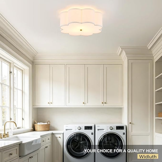 Modern Drum Semi Flush Mount Ceiling Light 17.71" Modern 3-Lights Gold Drum Ceiling Lighting Fixture Vintage Linen Ceiling Lamp for Laundry Room, Kitchen, Basement, Bedroom