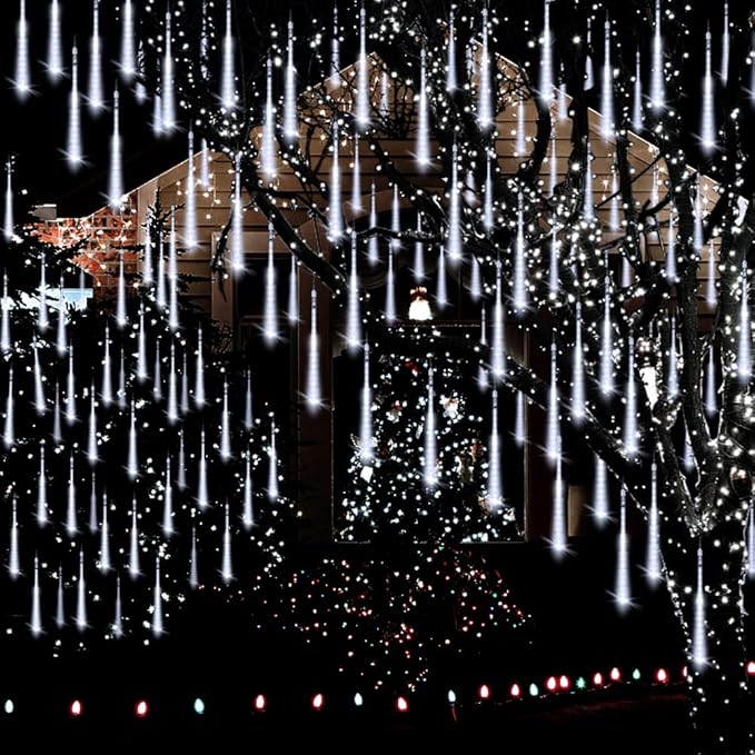 Adecorty Christmas Lights Outdoor, Meteor Shower Light 8 Tubes 192LED UL Certified Snow Falling Rain Cascading Icicle Lights for Xmas Tree Christmas Decorations Outdoor Wedding Party Window, White