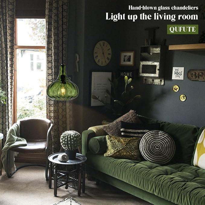 Green Glass Pendant Lighting Farmhouse Vintage Glass Globe Pendant Light Fixture, Mid-Century Modern Pendant Lamp Black Finish 9.45″ Shade for Kitchen Island Dining Room