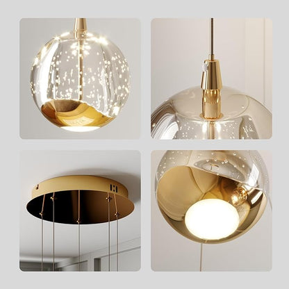 5-Light Modern Gold Glass Globe Chandelier, Hanging Cluster Pendant Light Kitchen Island & Foyer Chandelier, Warm White 3000K, Brushed Gold Pendant Lights Cluster, Ø 11.03 in