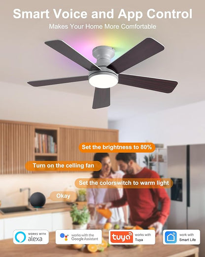42 Inch Ceiling Fans with Lights, Smart Ceiling Fan with Alexa Google App, Silver Ceiling Fan with RGB Lights Remote, 6 Speeds Reversible DC Motor, Modern Flush Mount for Bedroom Living Room