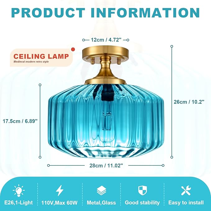 11.02" Blue Glass Flush Mount Ceiling Light, Vintage Gold Modern Close-to-Ceiling Fixture for Hallway, Bathroom, Bedroom, Entryway, E26 Compatible (No Bulb)