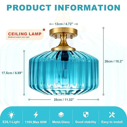 11.02" Blue Glass Flush Mount Ceiling Light, Vintage Gold Modern Close-to-Ceiling Fixture for Hallway, Bathroom, Bedroom, Entryway, E26 Compatible (No Bulb)