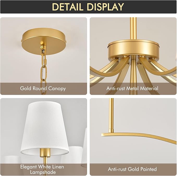 8 Light Brass Gold Chandelier with White Fabric Shade 44'' Linen Dining Room Chandeliers Over Table Kitchen Chandeliers Light Fixture for Living Room Bedroom Entryway Home Office