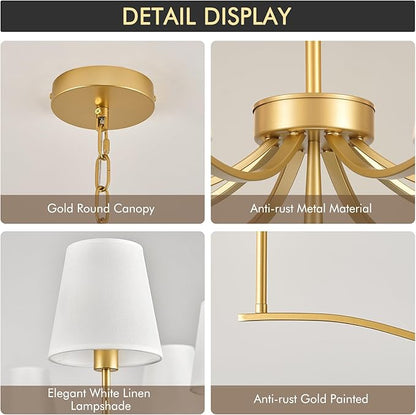 8 Light Brass Gold Chandelier with White Fabric Shade 44'' Linen Dining Room Chandeliers Over Table Kitchen Chandeliers Light Fixture for Living Room Bedroom Entryway Home Office