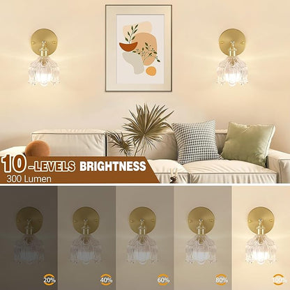 Wireless Wall Sconce with Flower lampshade, Battery Operated Wall Lights,Wall lamp with 15 Colors for Bedroom Living Room Home Decor (Clear, 2 Light Battery Operated)