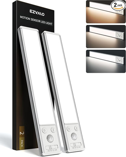 EZVALO 10inch Under Cabinet Lighting, 2500mAh Rechargeable Motion Sensor Lights Indoor with 3 Color Temps, 2 Pack Magnetic Closet Light, 80 LED Dimmable Under Counter Lights for Kitchen, Shelf, Stair