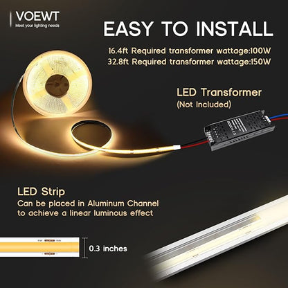 COB LED Strip Lights Daylight White 6000K,16.4ft 12V High CRI 95Ra+ Super Bright,Flexible Tape Lights for Bedroom,Mirror,Kitchen Cabinet, Living Room(Power Supply Not Included)