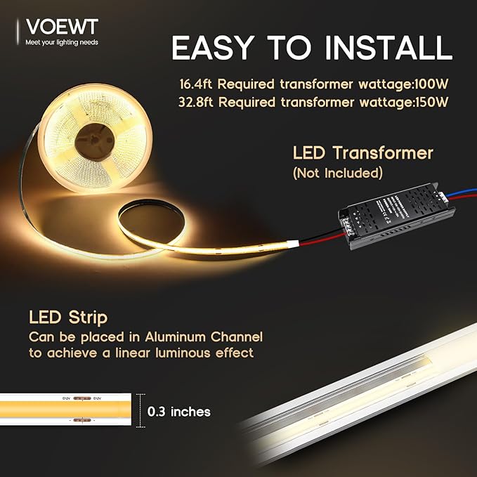 COB LED Strip Lights Warm White 3000K,32.8ft 24V High CRI 95Ra+ Super Bright, Flexible Tape Lights for Bedroom,Mirror,Kitchen Cabinet, Living Room(Power Supply Not Included)