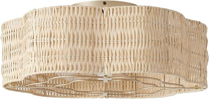Caged Ceiling Fan with Lights, Flush Mount 20" Boho Ceiling Fans with Lights Remote Control, Low Profile Rattan Bladeless with 6 Speeds for Bedroom, Nursery, Kitchen
